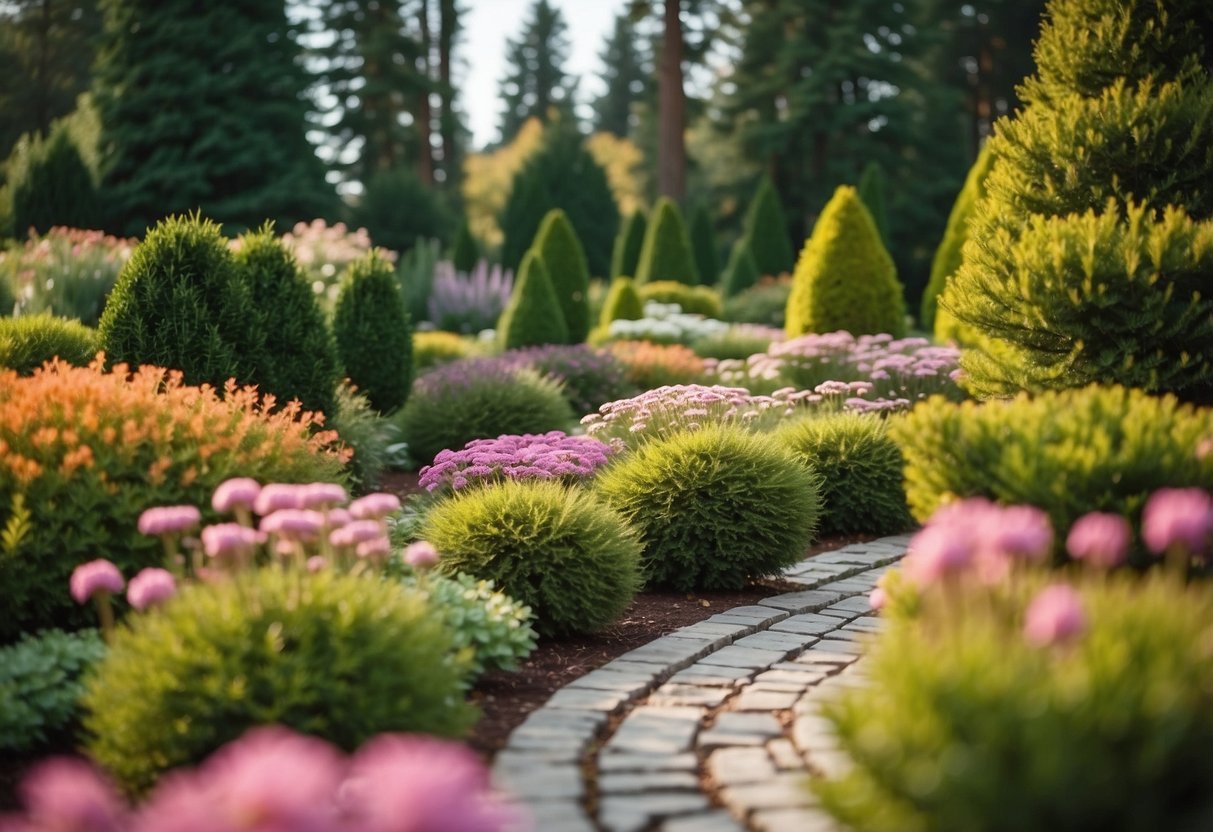 A serene garden with 'Nana Gracilis' dwarf conifers arranged in a harmonious pattern, surrounded by colorful flowers and winding pathways