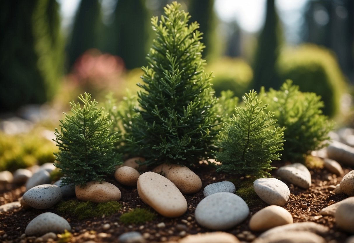 A small garden with Thuja occidentalis 'Smaragd' conifers arranged in a geometric pattern, surrounded by low-growing ground cover and decorative rocks