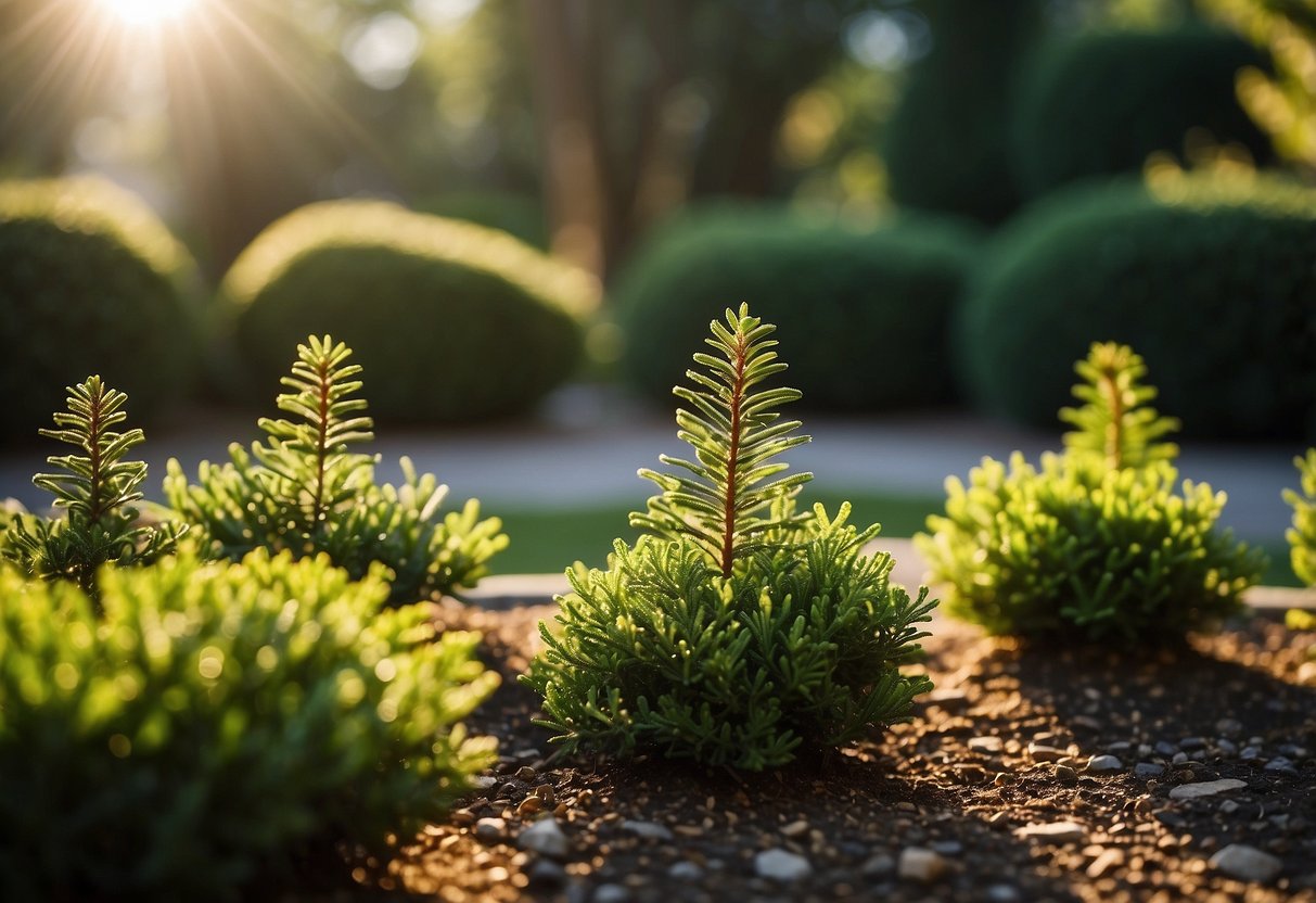 A small, compact Juniperus communis 'Compressa' stands in a well-manicured garden, surrounded by other dwarf conifers. The sun casts a warm glow on the scene, highlighting the unique texture and shape of the plants