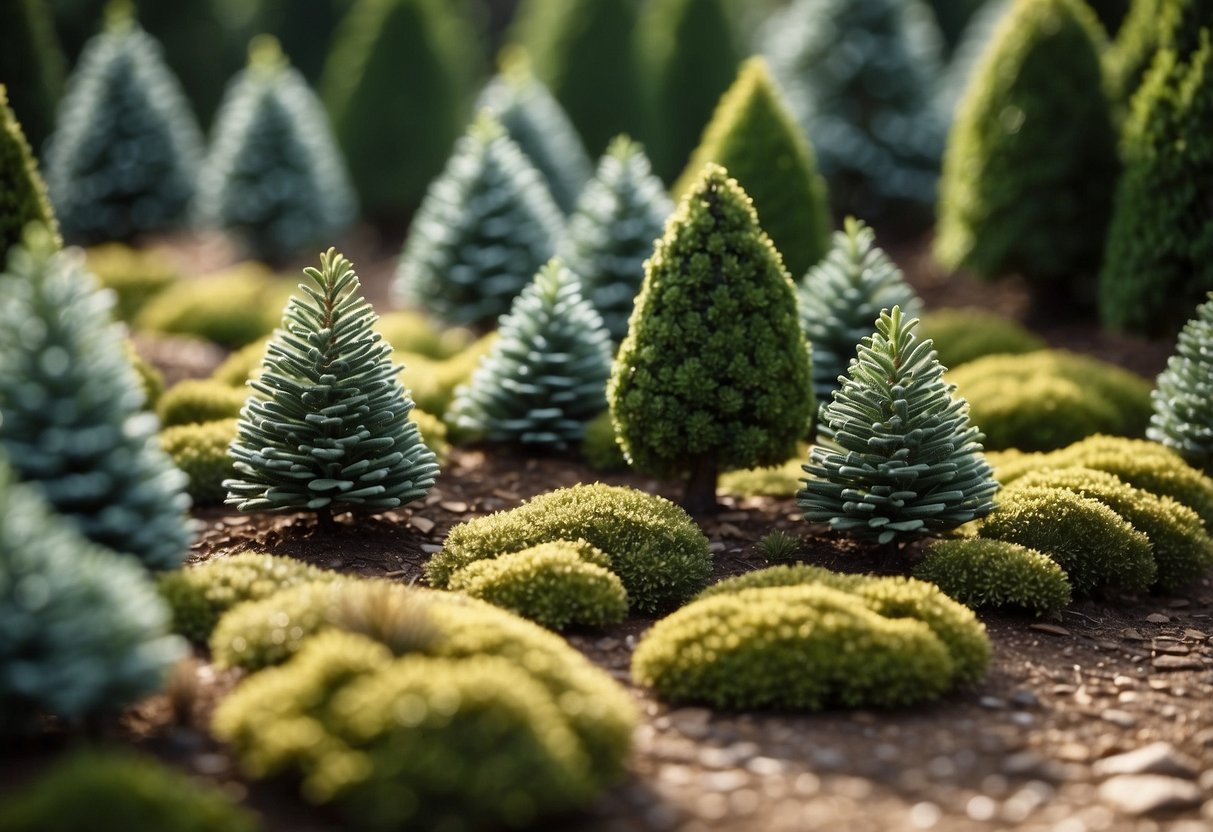 A small garden featuring dwarf conifers, with Abies balsamea 'Nana' as the focal point. Surrounding plants are carefully arranged to complement the miniature trees, creating a serene and charming landscape