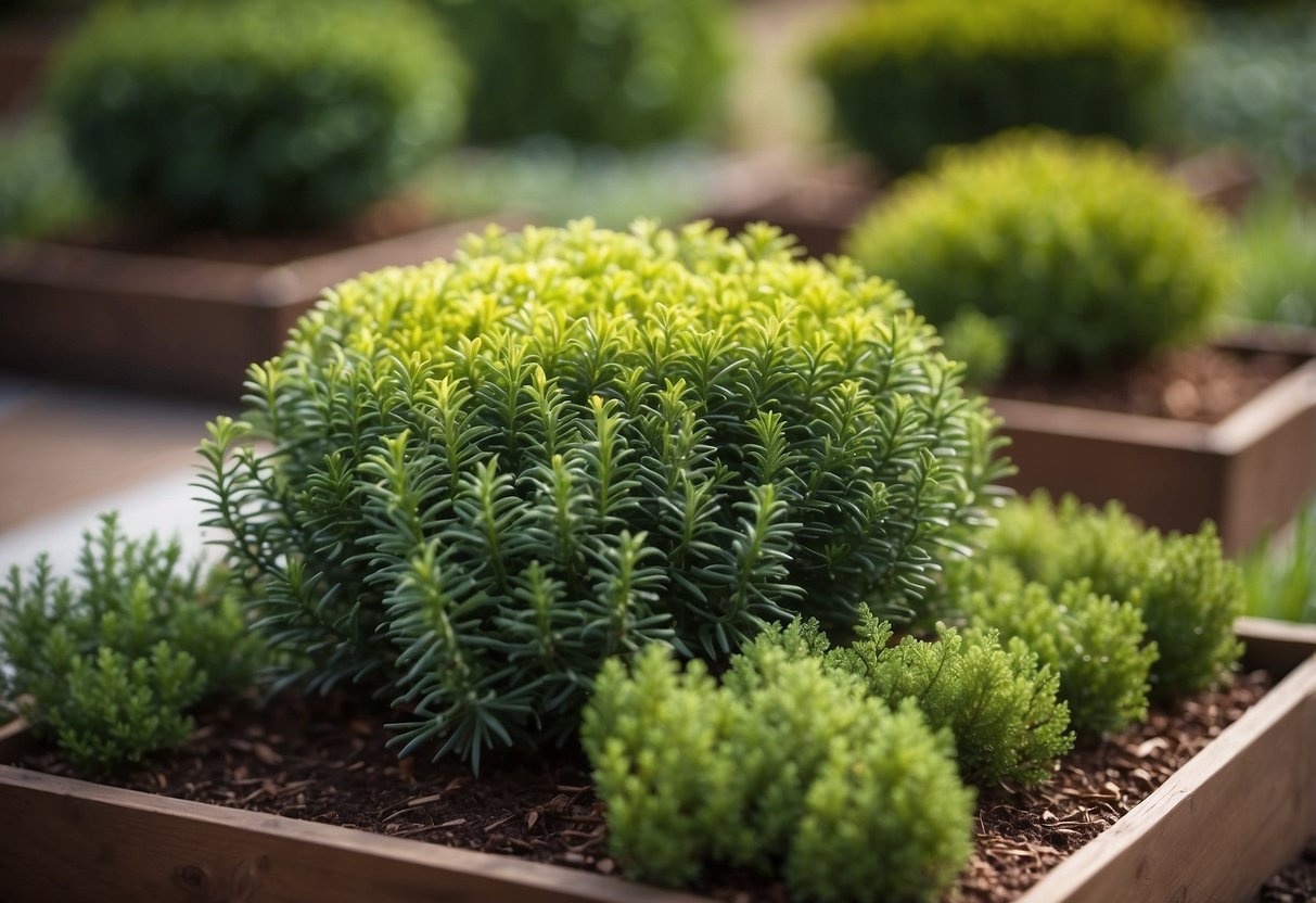 A small garden bed featuring Pseudotsuga menziesii 'Little Jon' dwarf conifers arranged in a pleasing and balanced composition, with varying heights and textures