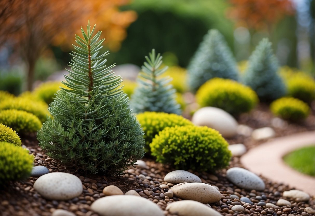 A small garden with Pinus strobus 'Nana' dwarf conifers arranged in a variety of shapes and sizes, surrounded by colorful ground cover and accented with decorative rocks or mulch