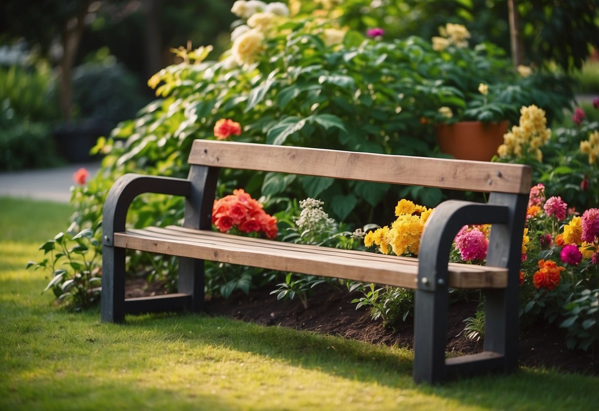 A garden bench made of eco bricks sits surrounded by lush green plants and colorful flowers, adding a touch of sustainable charm to the outdoor space