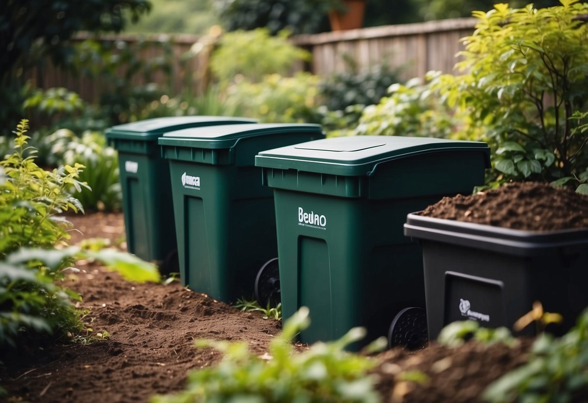 Composting bins surrounded by Eco Bricks in a lush garden setting