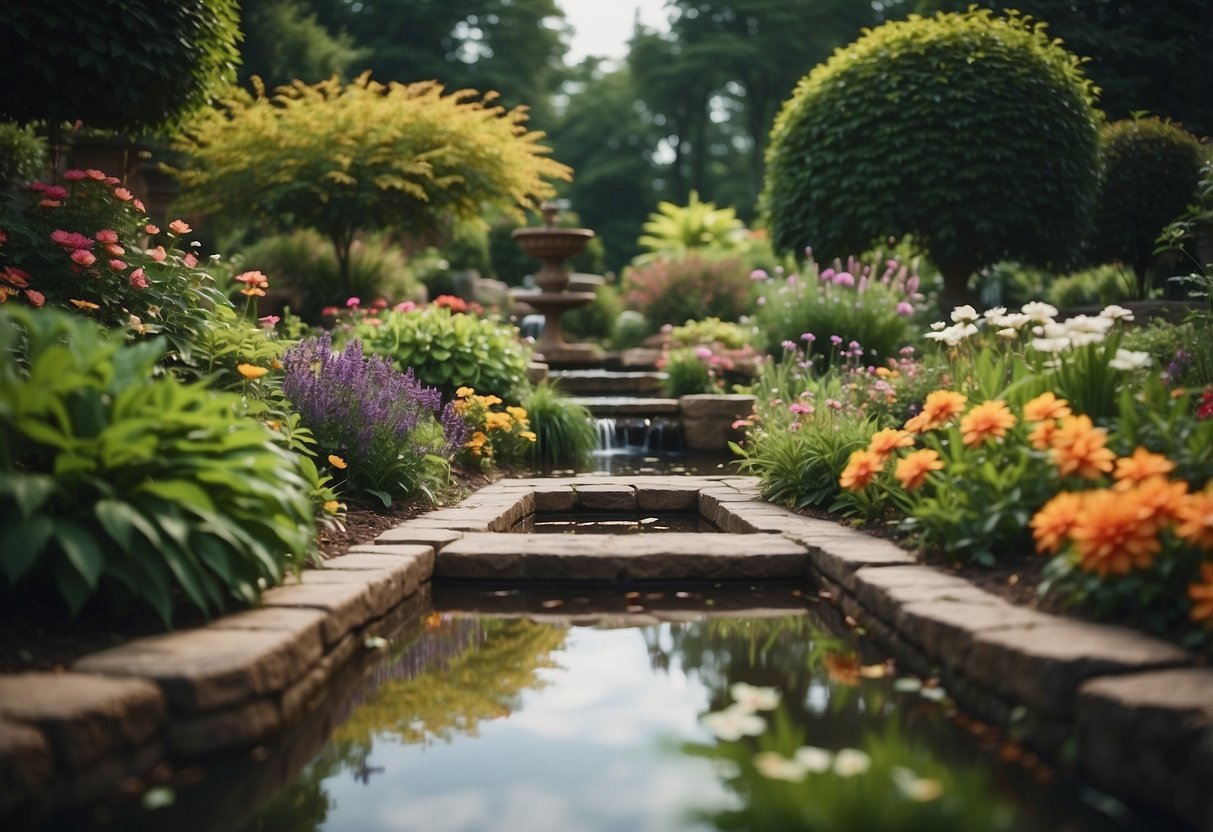 A serene garden with eco brick water features, surrounded by lush greenery and vibrant flowers