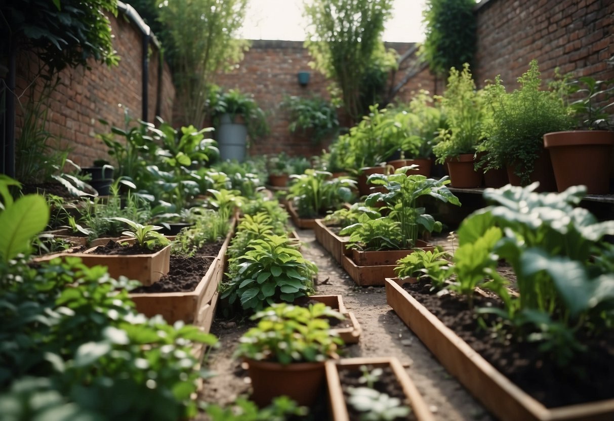 Lush green plants thriving in eco brick gardens, surrounded by recycled materials and thriving in sustainable, eco-friendly design