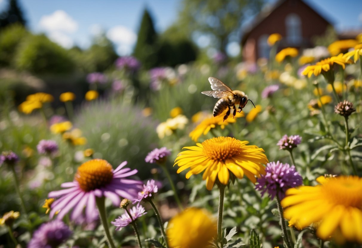 A vibrant garden with colorful flowers and buzzing bees. A sign reads "Pollinator Gardens eco school garden ideas." Bird feeders and butterfly houses are scattered throughout