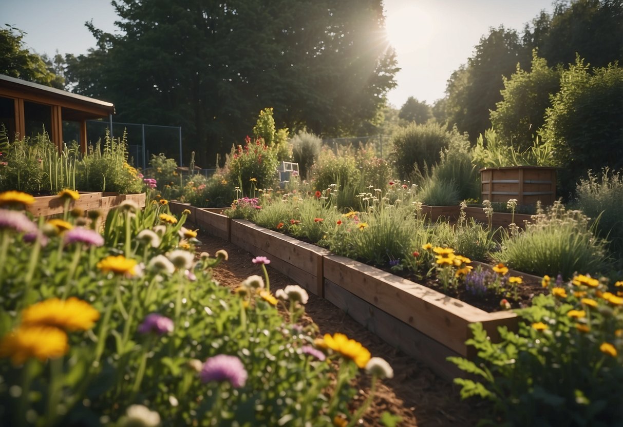 Lush greenery and colorful flowers fill the eco school garden. A gentle breeze carries the scent of herbs and the sound of buzzing bees. Raised beds and winding pathways create a peaceful and inviting atmosphere