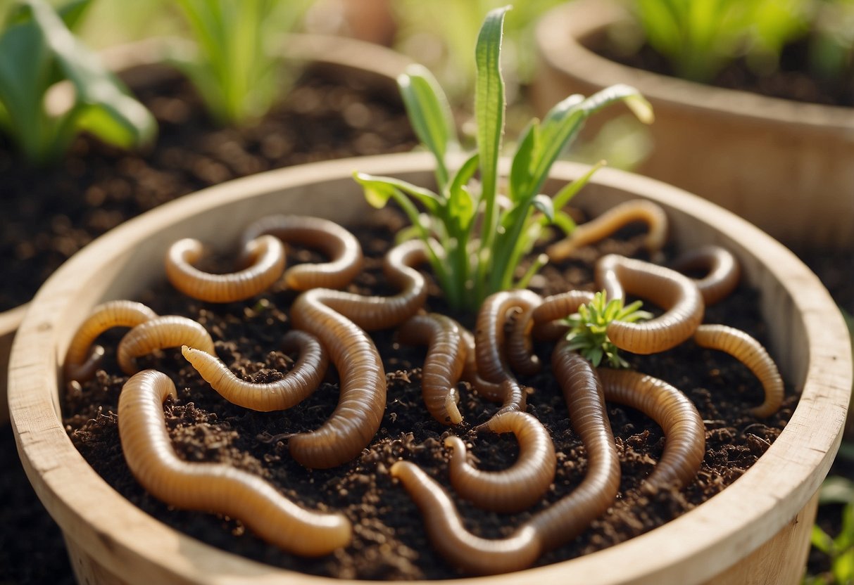 A group of worms wriggle through a homemade farm in a vibrant school garden, surrounded by eco-friendly materials and lush greenery