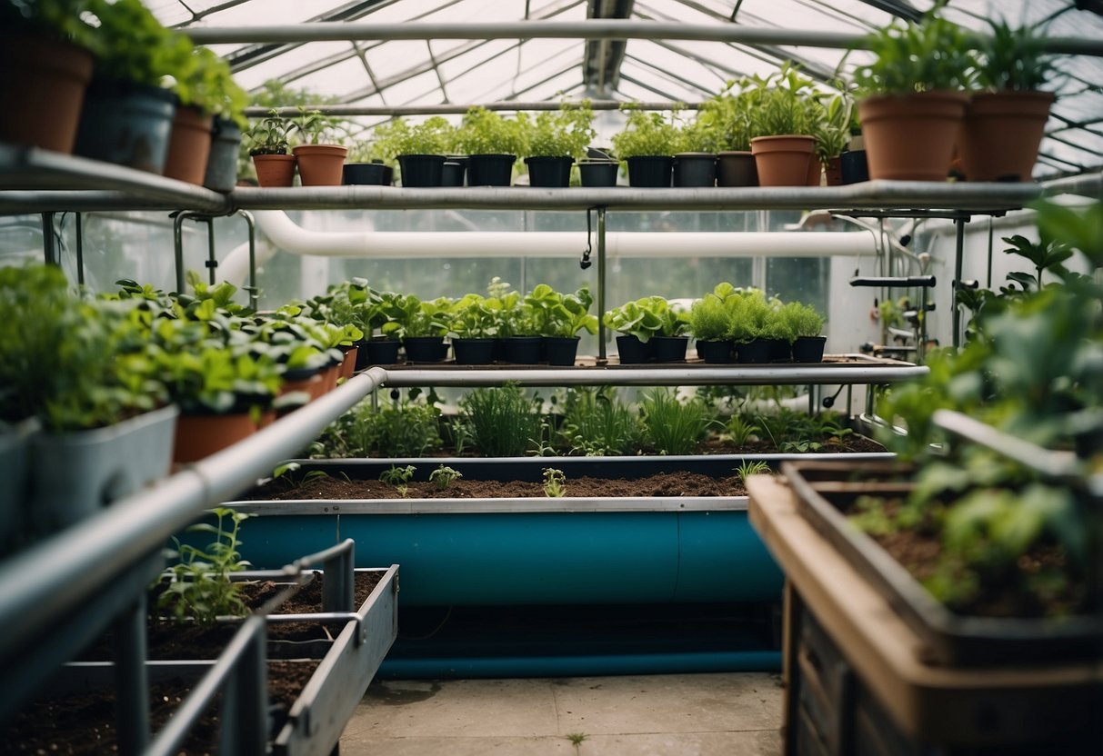 A flourishing aquaponics system with fish tanks, plant beds, and water pipes, surrounded by lush greenery and innovative economic garden ideas