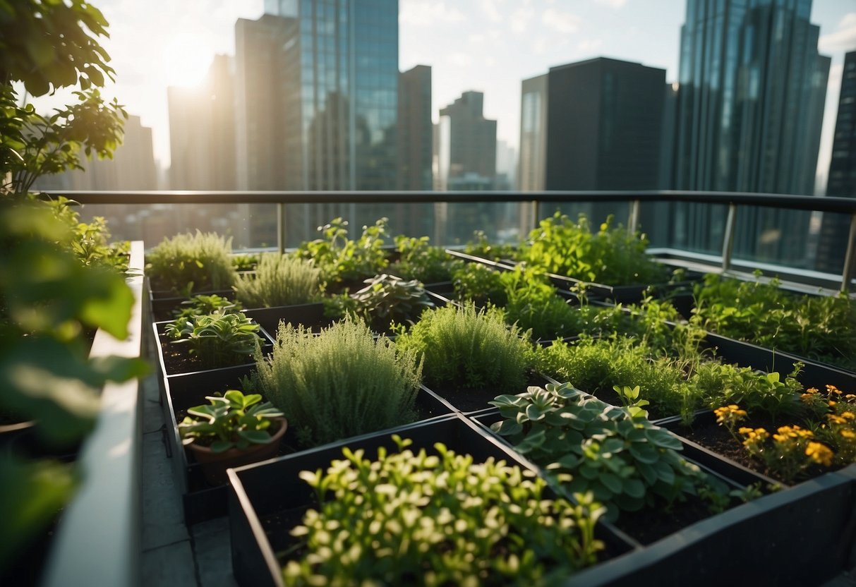 A lush garden on top of urban buildings, showcasing economic and sustainable green roof ideas