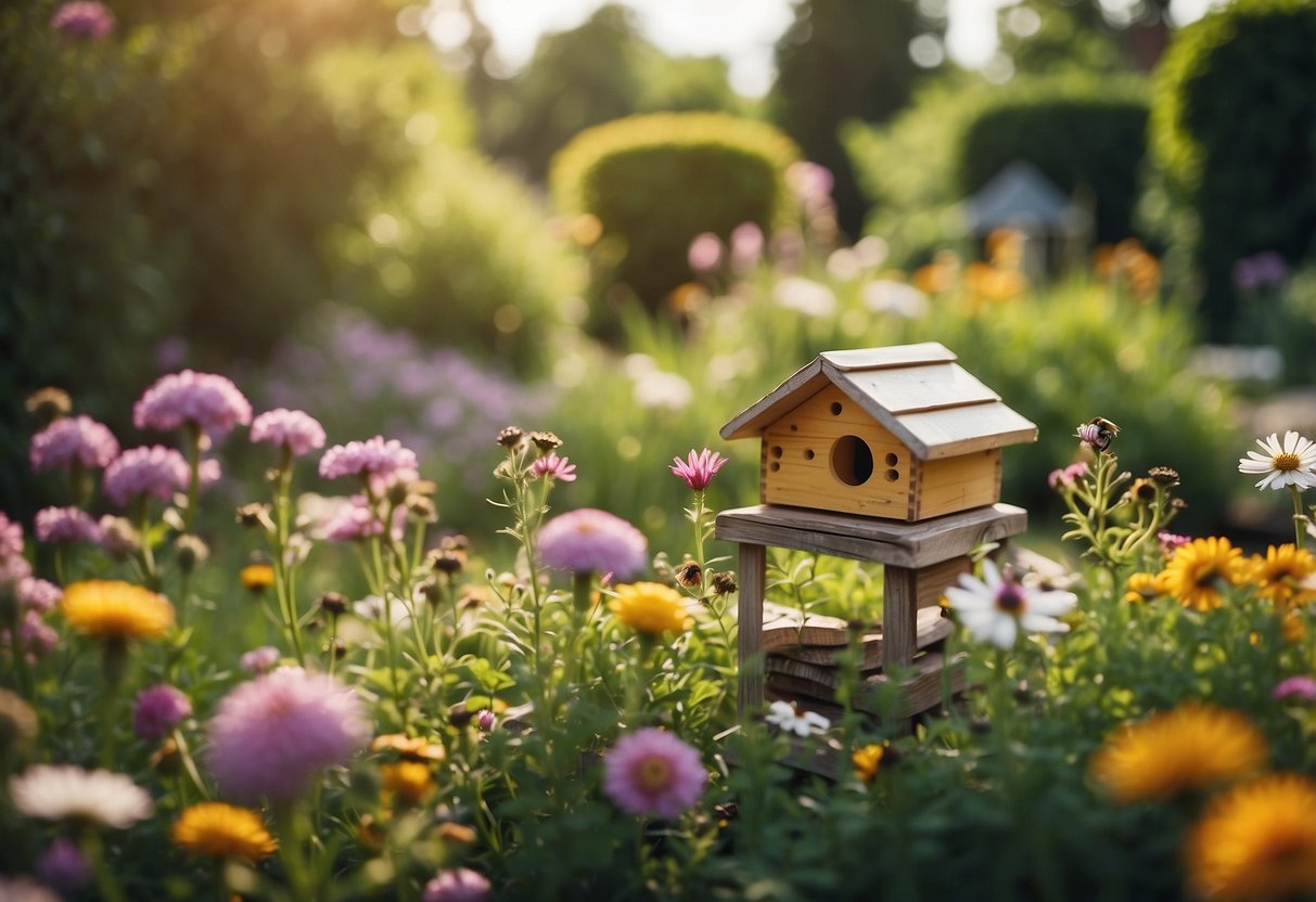 A colorful garden with bee hotels nestled among vibrant flowers and lush greenery, showcasing economic and eco-friendly garden ideas