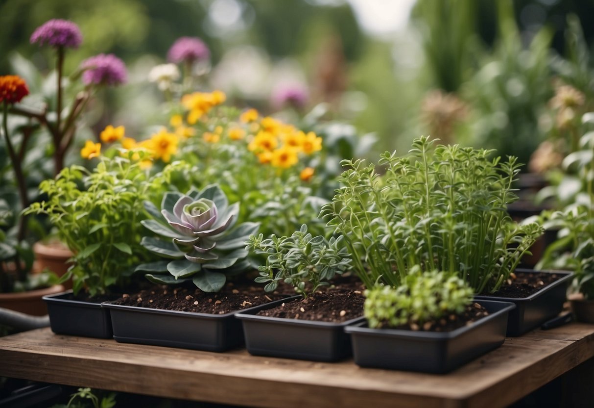 A diverse array of plants, including flowers, vegetables, and herbs, are arranged in a well-organized and sustainable garden layout