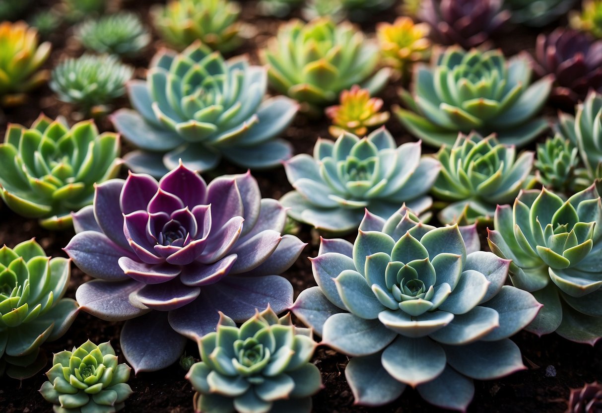 A vibrant array of Echeveria varieties fills the garden, with their succulent leaves displaying a range of colors from deep purple to bright green