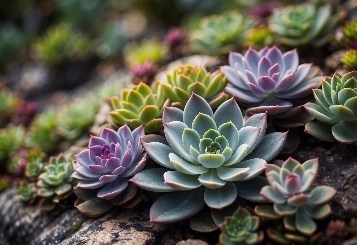 A vibrant border of Echeveria plants cascades along a rocky garden edge, their succulent leaves forming a colorful tapestry of green, pink, and purple hues