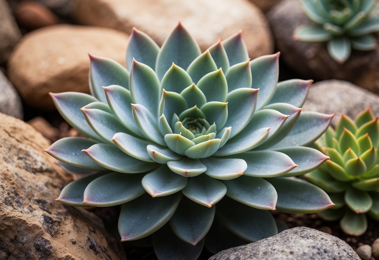 Echeveria nestled among rocks in a serene garden setting