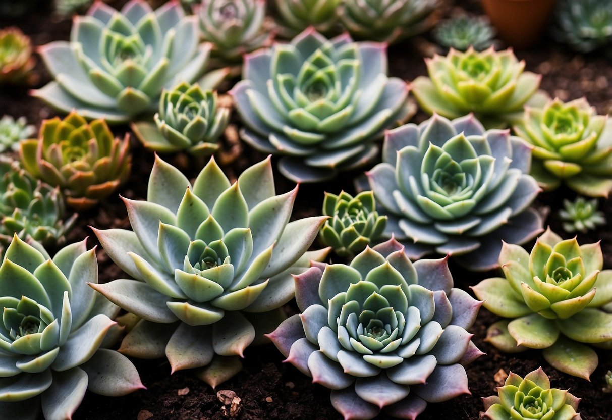 A variety of Echeveria and other succulents are arranged in a garden, creating a colorful and diverse display of textures and shapes