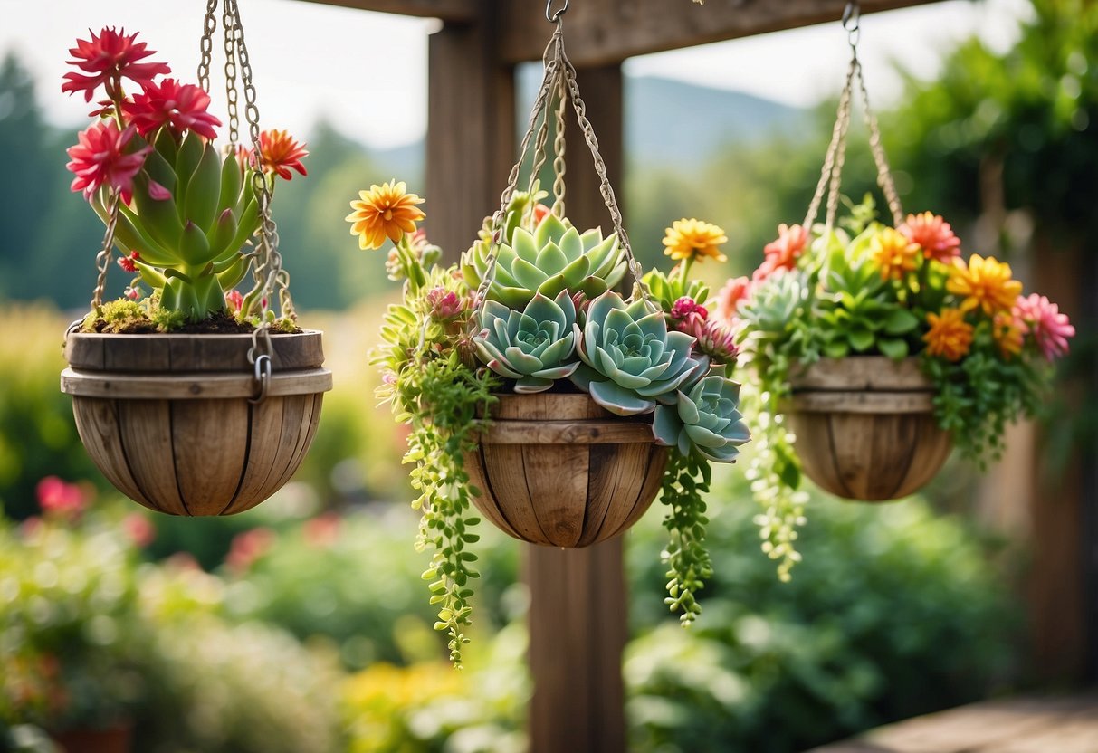 Three Echeveria hanging planters dangle from a wooden beam, surrounded by lush greenery and colorful flowers in a garden setting