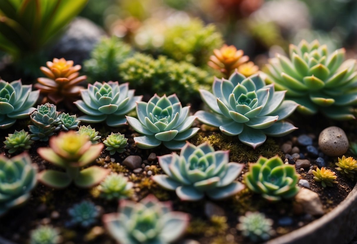 A lush Echeveria Fairy Garden with vibrant succulents and tiny fairy figurines nestled among the foliage