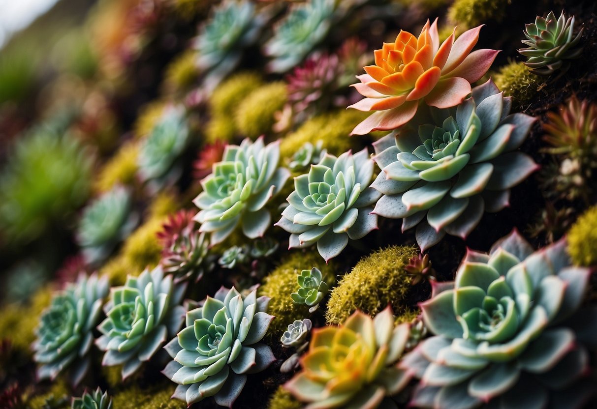 A vibrant echeveria plant cascades down a vertical garden, surrounded by other succulents and moss, creating a lush and natural display