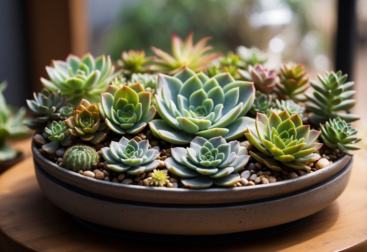 A table adorned with various echeveria plants arranged in a centerpiece display, surrounded by other succulents and decorative elements