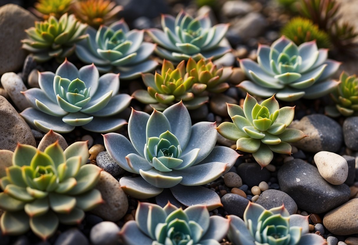 A variety of echeveria plants arranged in a garden, with different colors and sizes, surrounded by rocks and pebbles, creating a visually appealing and harmonious display