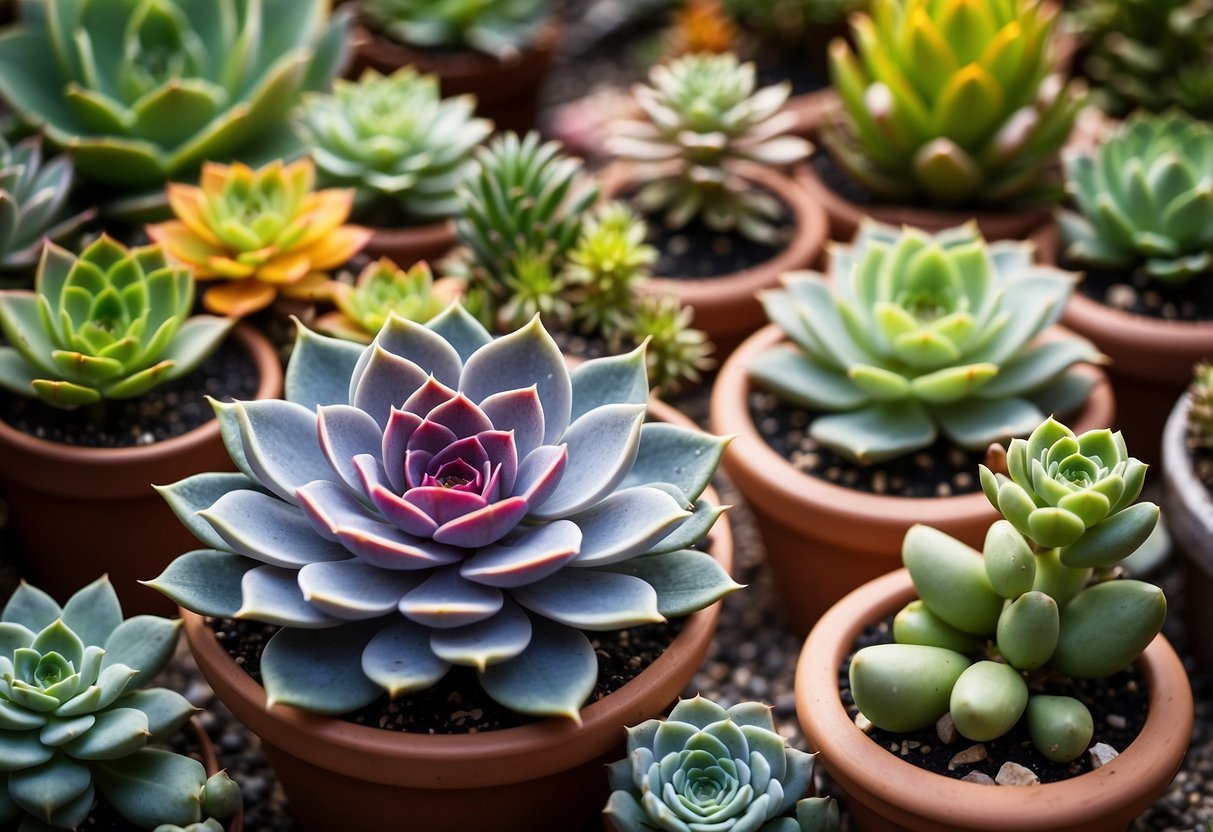 Vibrant echeverias arranged in a variety of pots and planters, nestled among rocks and succulents, creating a colorful and textural garden display