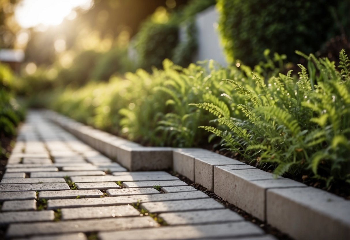 A straight row of concrete pavers lines the edge of a lush garden bed, creating a clean and defined border between the plants and the surrounding grass or walkway