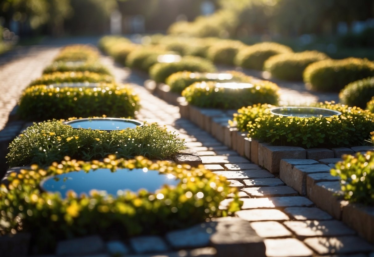 A garden path lined with recycled glass pavers, reflecting the sunlight and adding a touch of eco-friendly elegance to the landscape