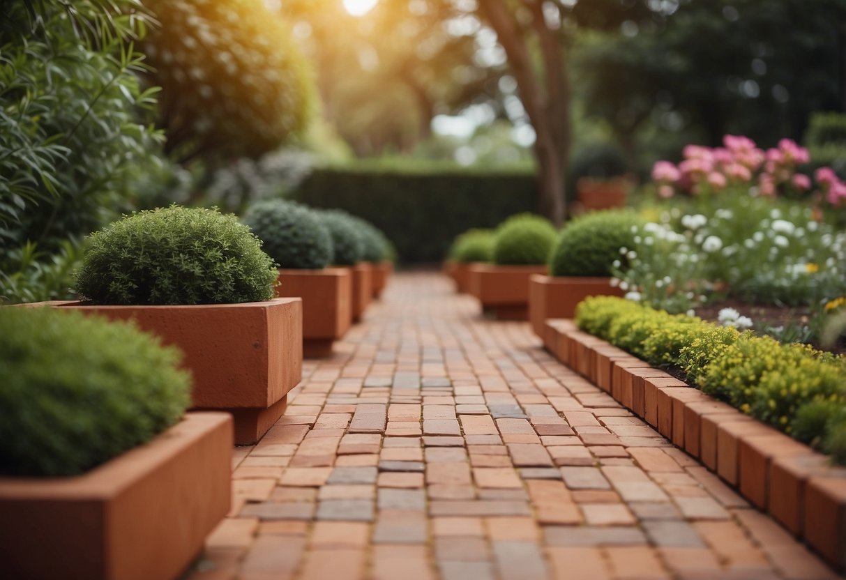 A garden path lined with terracotta pavers, creating a neat and decorative edging for the garden beds