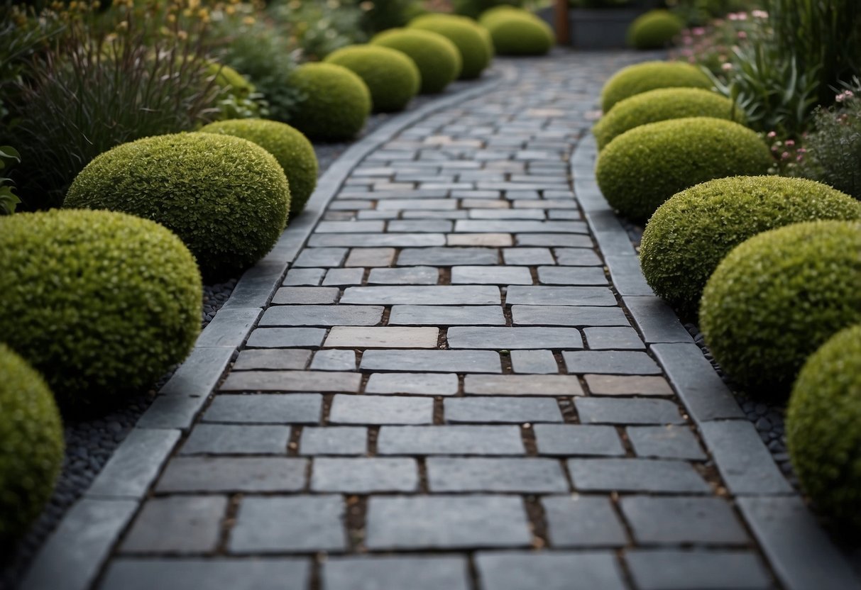 A garden path lined with Slate Screed pavers, bordered by garden edging, creating a clean and modern look