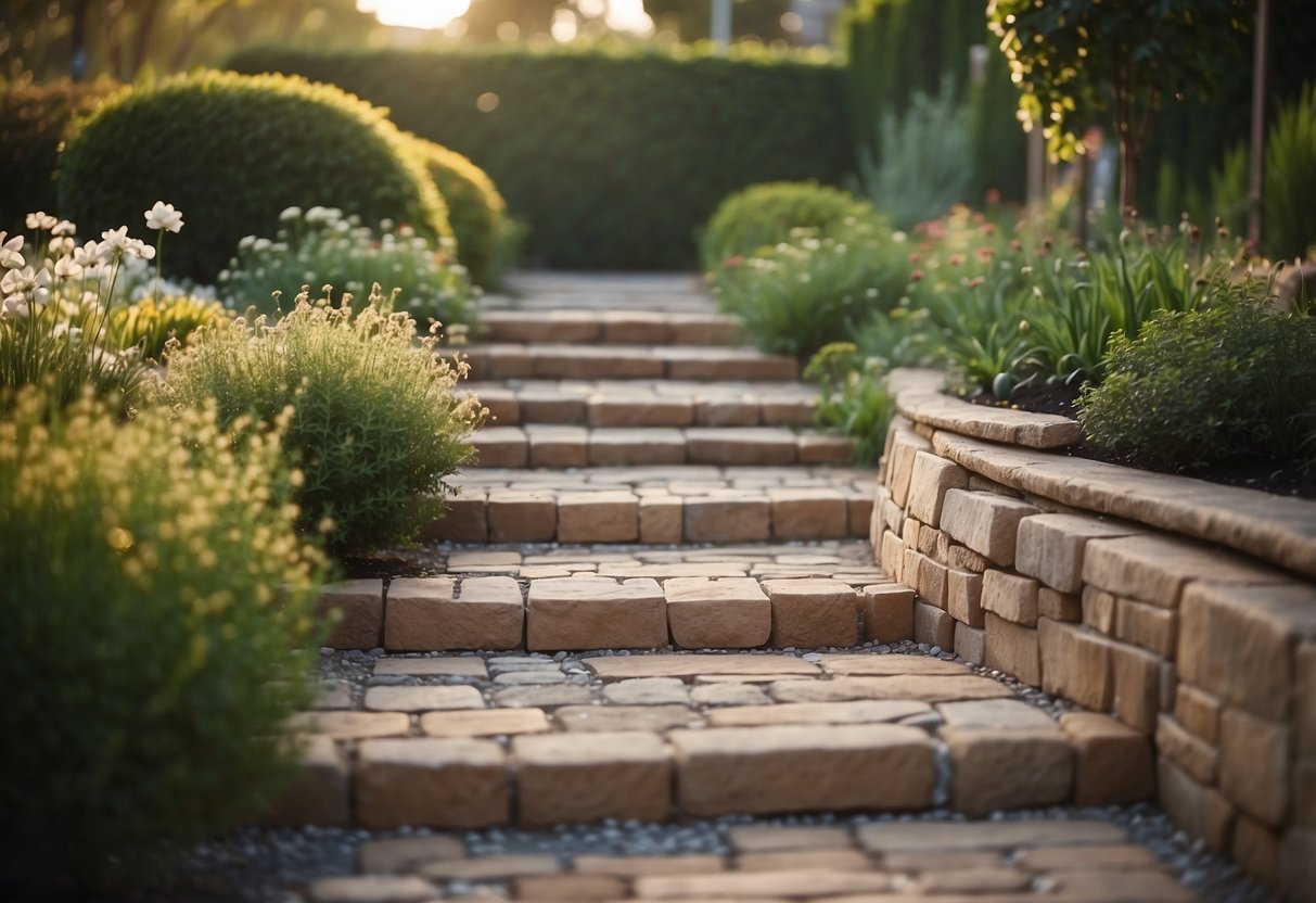 A garden path lined with sandstone pavers, creating a clean and elegant edging for the garden beds