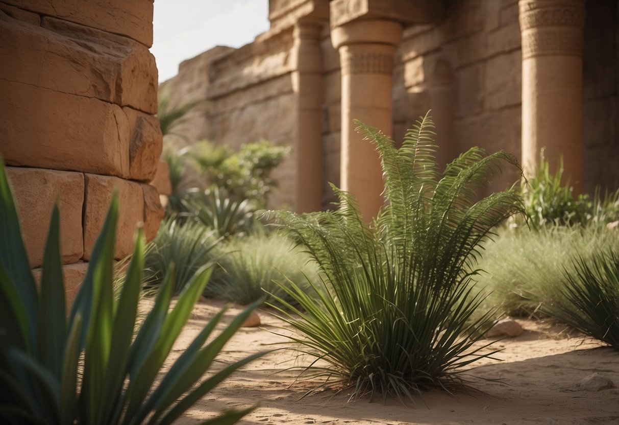 Lush papyrus plants sway in an ancient Egyptian garden, surrounded by sandstone walls and hieroglyphic carvings