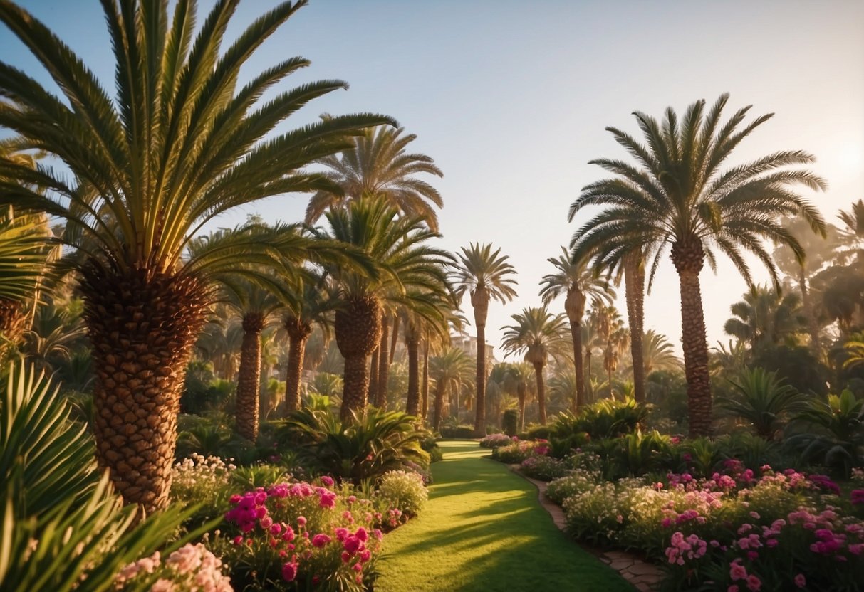 Tall palm trees sway in an Egyptian garden, surrounded by lush greenery and vibrant flowers. The sun casts a warm glow over the scene, creating a peaceful and serene atmosphere