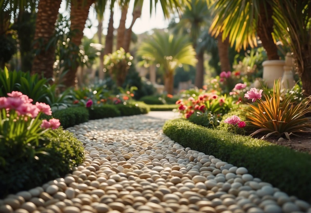 A winding walkway lined with pebbles weaves through a lush Egyptian garden, with vibrant flowers and exotic plants creating a serene and enchanting atmosphere