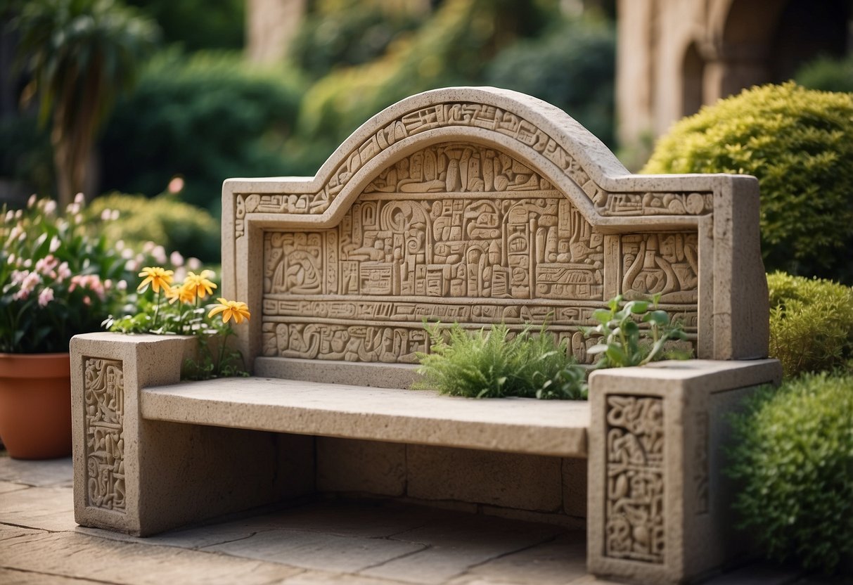 Stone benches arranged in an Egyptian garden, adorned with intricate carvings. Surrounding them are lush plants and flowers, creating a serene and ancient atmosphere