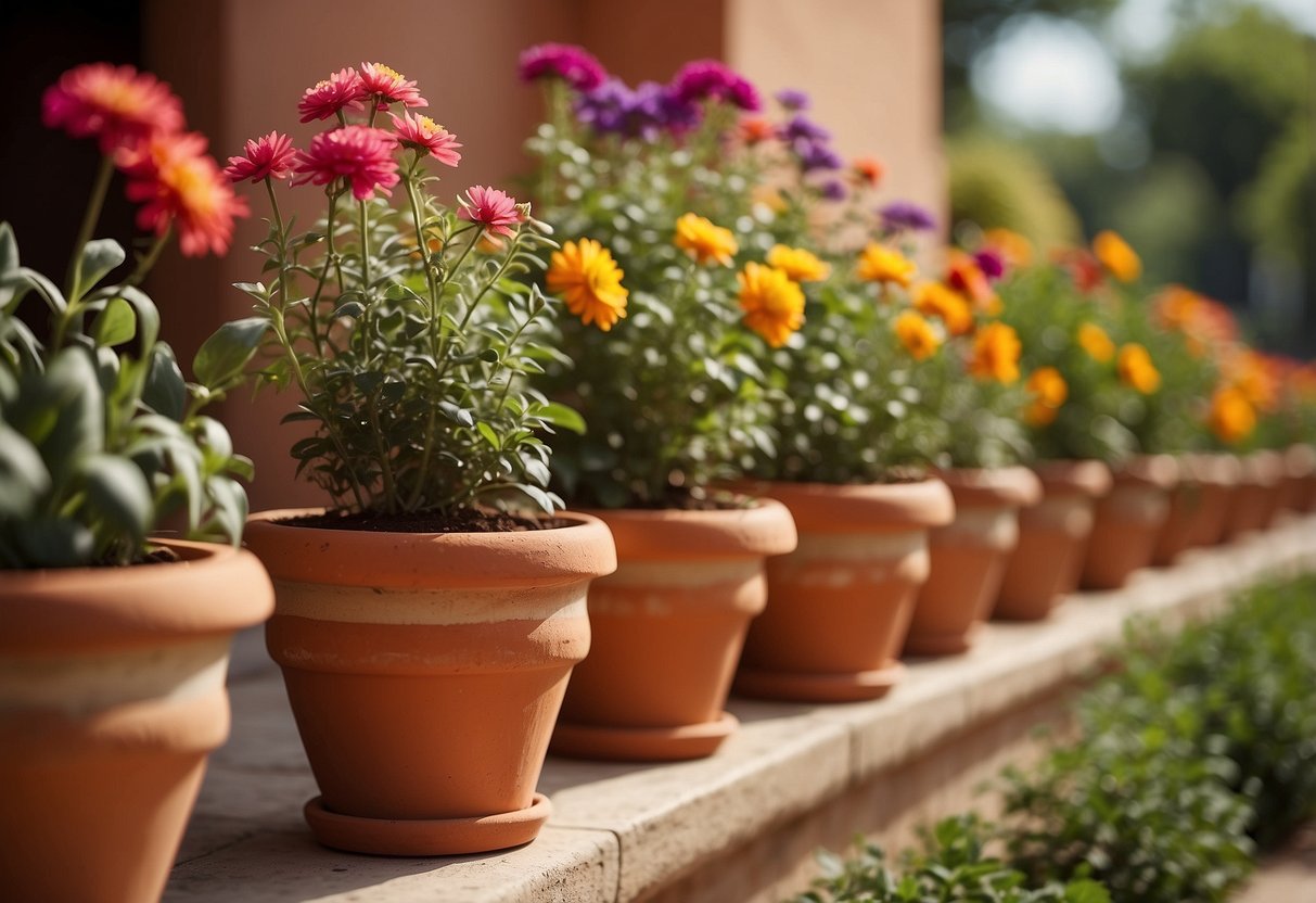 A row of terracotta pots line a sunny Egyptian garden, filled with vibrant greenery and colorful flowers