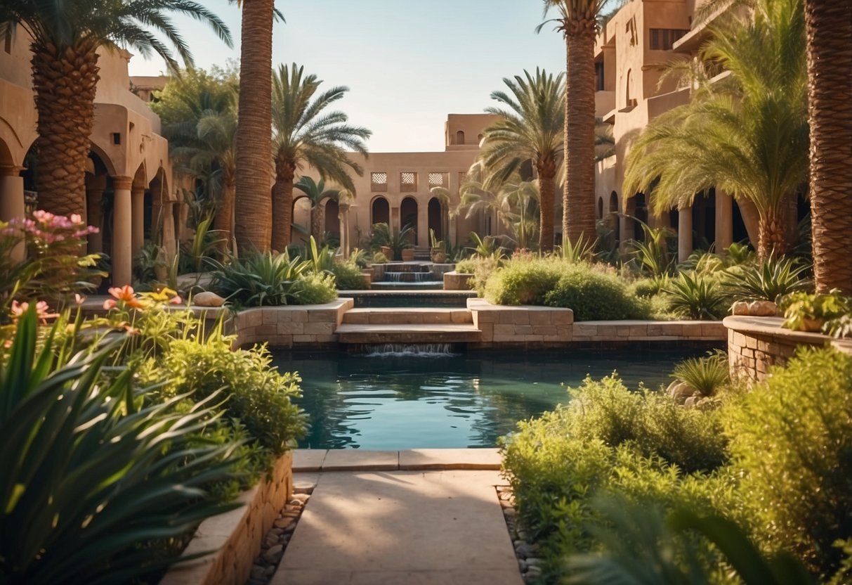 A lush Egyptian garden with reed fences, vibrant flora, and serene water features