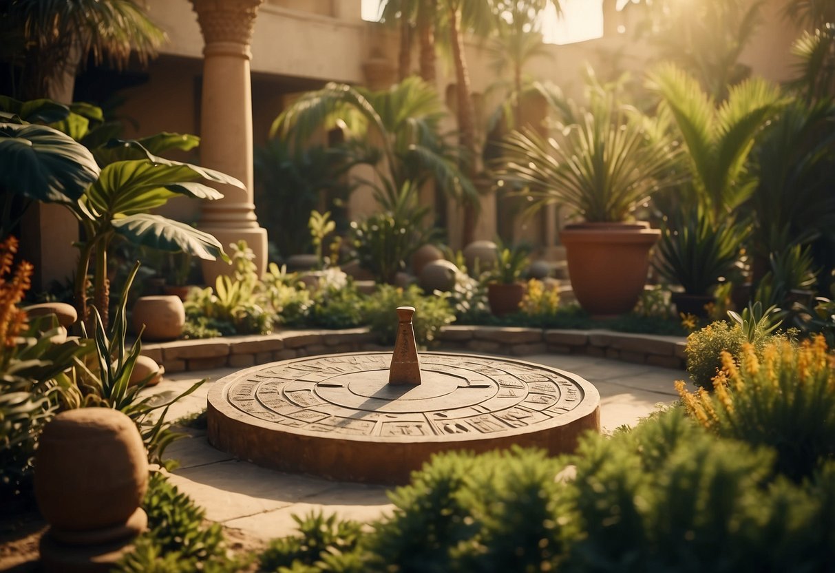 An Egyptian garden with a sun dial surrounded by exotic plants and hieroglyphics