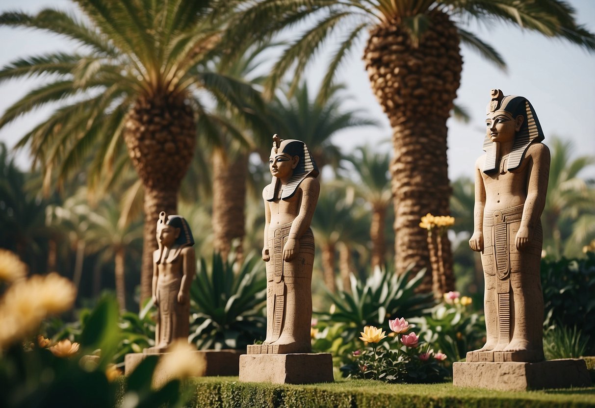 Ancient Egyptian statues stand in a lush garden, surrounded by palm trees and lotus flowers. The statues are adorned with hieroglyphics and depict various gods and pharaohs