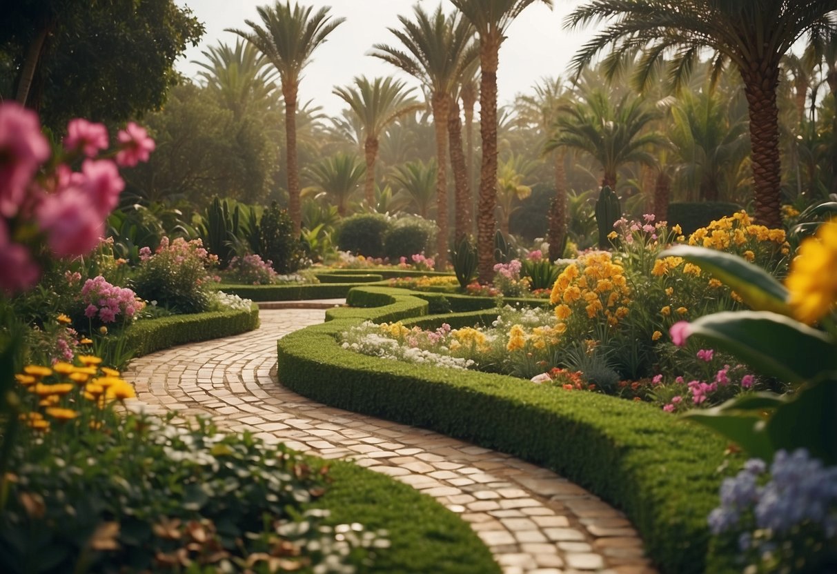 A winding mosaic pathway leads through an Egyptian garden, surrounded by vibrant flowers and lush greenery