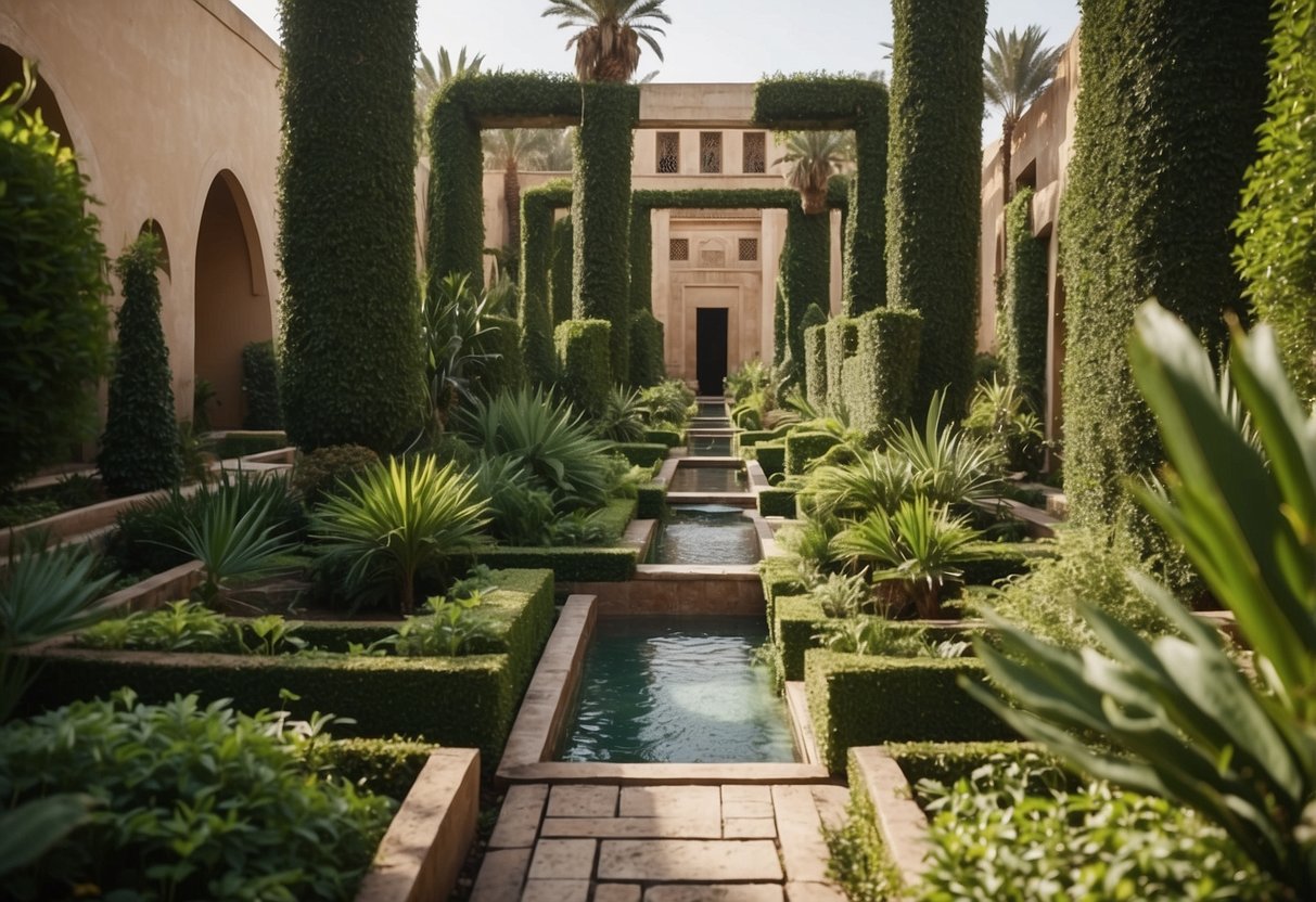 Lush greenery and symmetrical pathways create harmony in an Egyptian garden. Water features and geometric patterns showcase balance and order