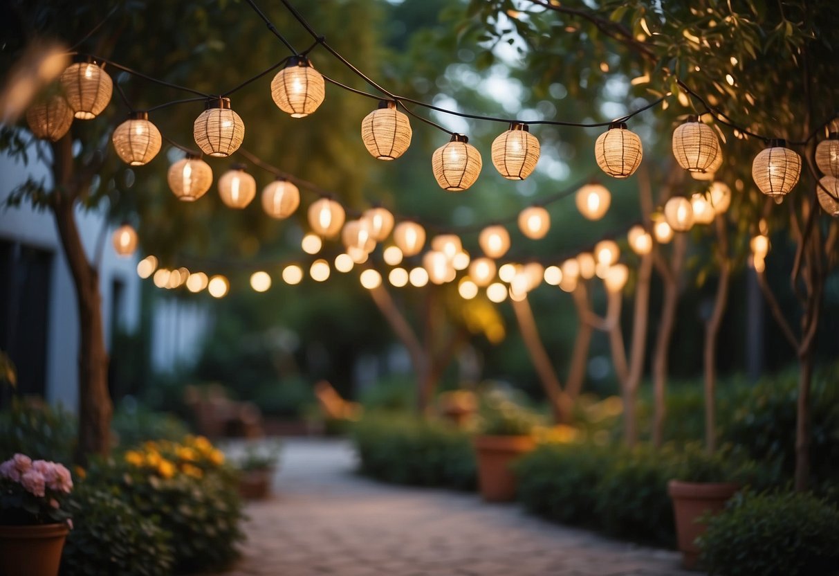 A garden adorned with string lights and lanterns for Eid celebration