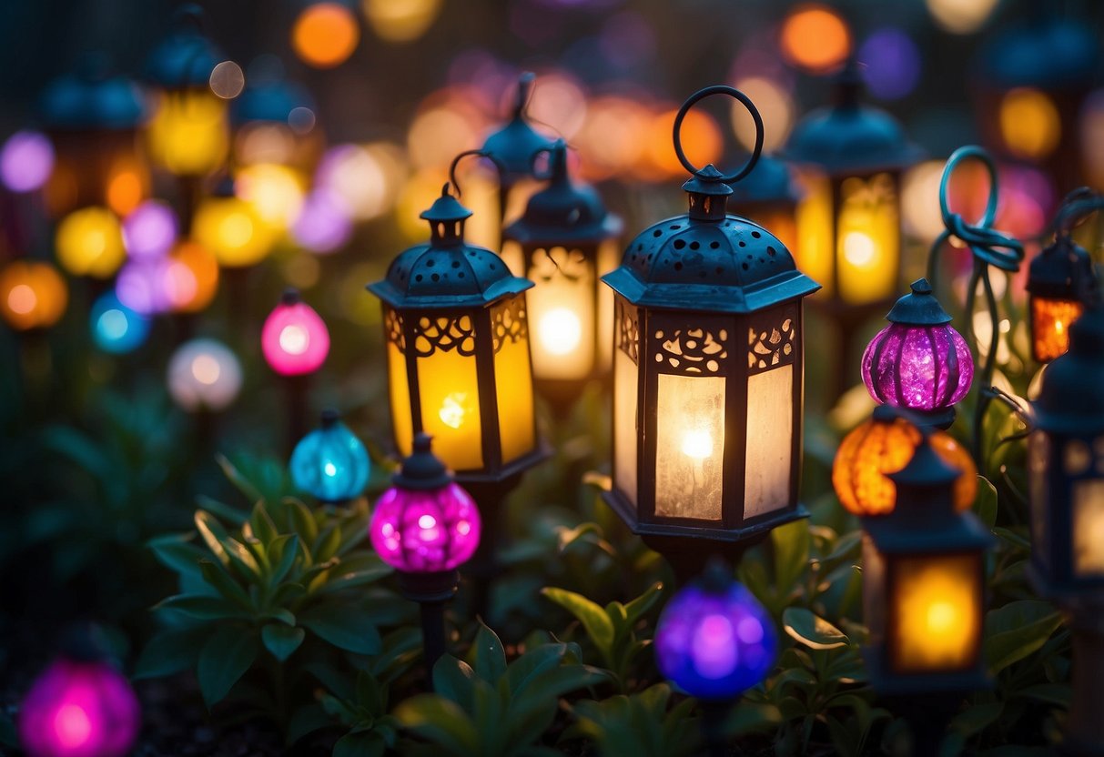 A garden adorned with colorful miniature lamps for Eid celebration