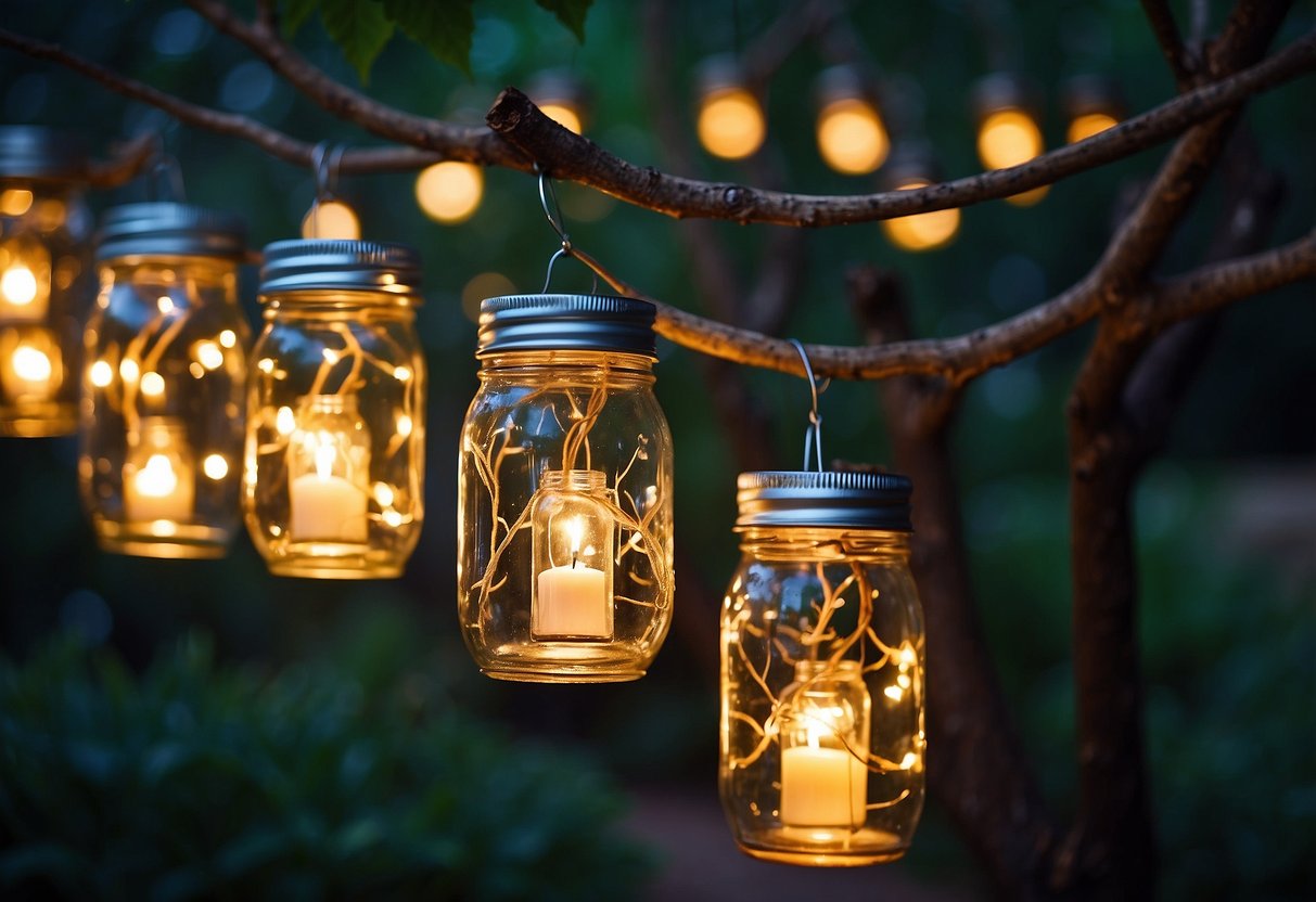 Mason jars filled with fairy lights hang from trees in a garden, creating a magical Eid decoration