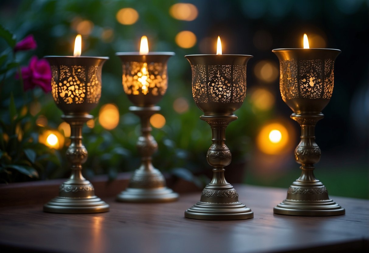 Elegant candle holders adorn a festive Eid garden, casting intricate patterns of light and shadow