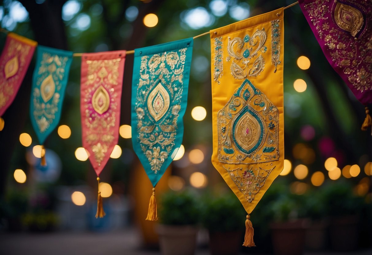 Colorful Eid banners hang from trees in a festive garden, with twinkling lights and vibrant decorations