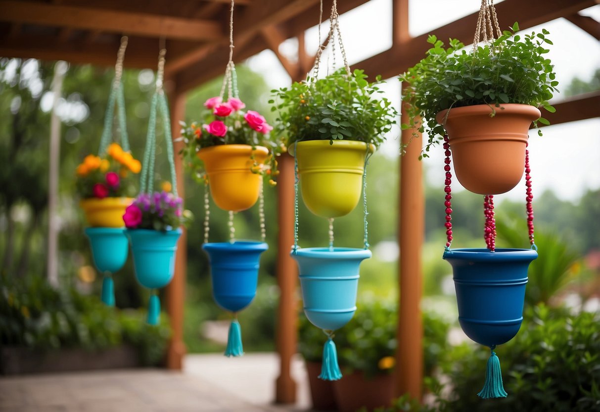 Several colorful hanging planters adorned with Eid decorations, suspended from a pergola in a lush garden setting