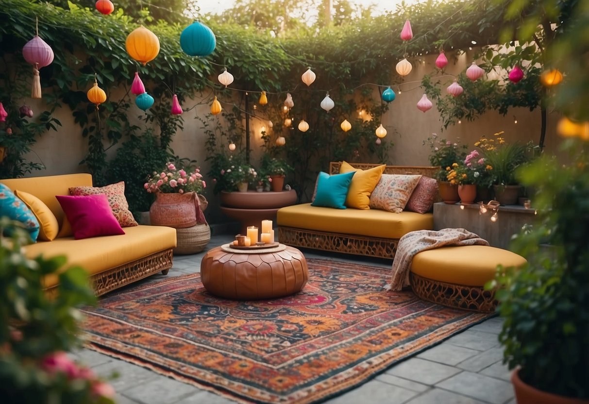 A garden adorned with colorful Eid decorations, featuring outdoor pouf seats for a cozy and festive atmosphere