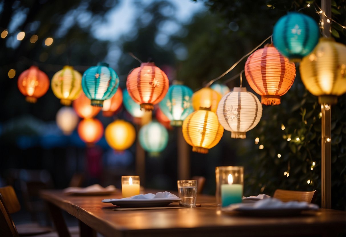 Colorful lanterns and fairy lights adorn the garden, casting a warm glow. Tables are set with vibrant tablecloths and floral centerpieces. A canopy of paper stars hangs overhead, creating a festive atmosphere for Eid celebrations